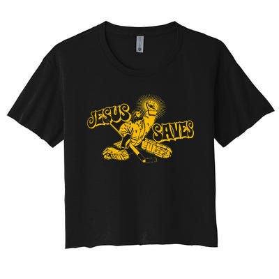 Funny Jesus Saves Hockey Religious Christian Goaltender Women's Crop Top Tee