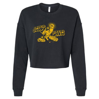 Funny Jesus Saves Hockey Religious Christian Goaltender Cropped Pullover Crew