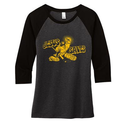 Funny Jesus Saves Hockey Religious Christian Goaltender Women's Tri-Blend 3/4-Sleeve Raglan Shirt