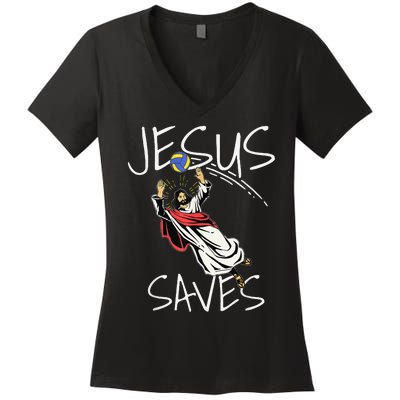 Funny Jesus Saves Volleyball Gift Volleyball Team Women's V-Neck T-Shirt