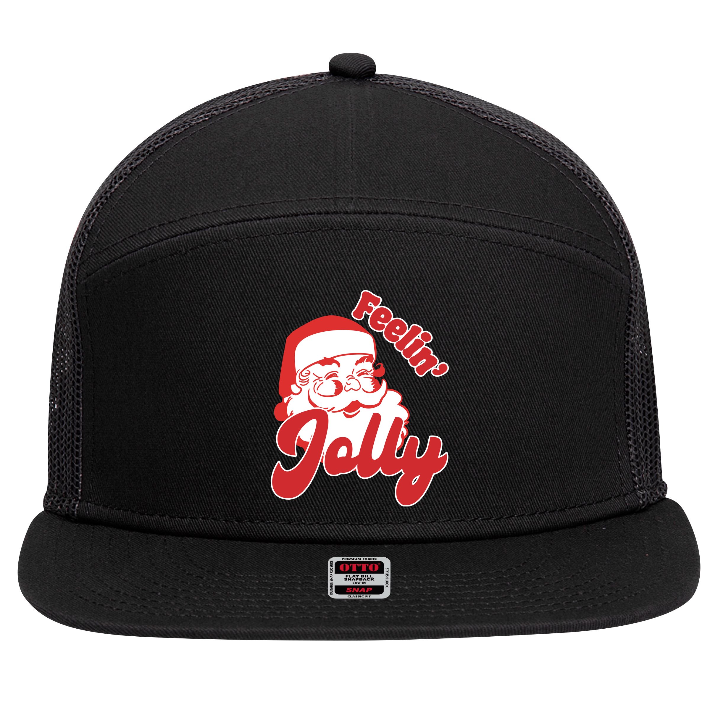Feelin Jolly Santa Claus Christmas Holiday 7 Panel Mesh Trucker Snapback Hat