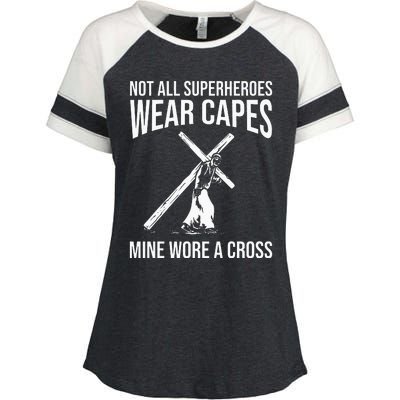 Funny Jesus Superhero Design Jesus Christ Cross Enza Ladies Jersey Colorblock Tee