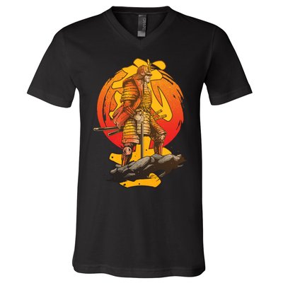 Firey Japanese Samurai Warrior V-Neck T-Shirt