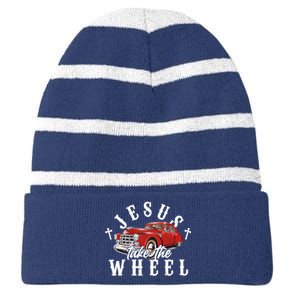 Funny Jesus Take The Wheel Classic Hot Rod Car Striped Beanie with Solid Band