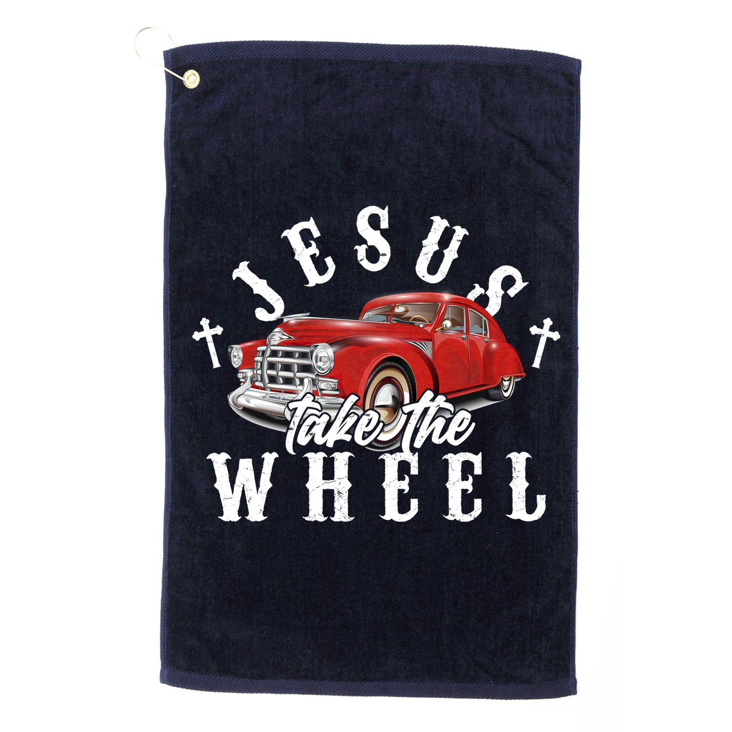 Funny Jesus Take The Wheel Classic Hot Rod Car Golf Towel