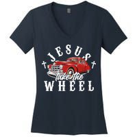 Funny Jesus Take The Wheel Classic Hot Rod Car Women's V-Neck T-Shirt