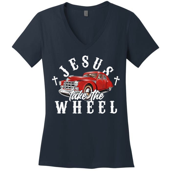 Funny Jesus Take The Wheel Classic Hot Rod Car Women's V-Neck T-Shirt
