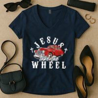 Funny Jesus Take The Wheel Classic Hot Rod Car Women's V-Neck T-Shirt