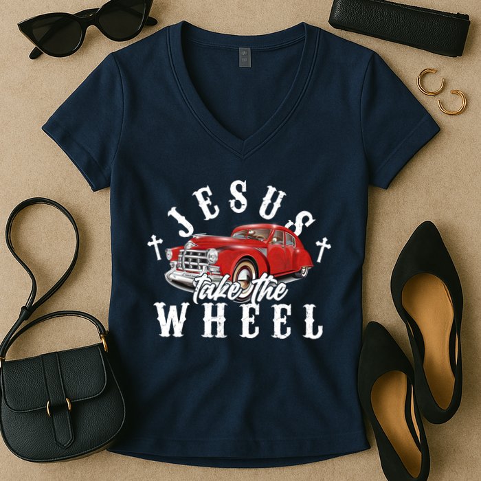 Funny Jesus Take The Wheel Classic Hot Rod Car Women's V-Neck T-Shirt