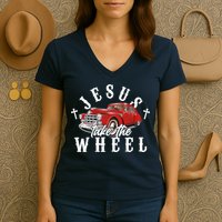 Funny Jesus Take The Wheel Classic Hot Rod Car Women's V-Neck T-Shirt