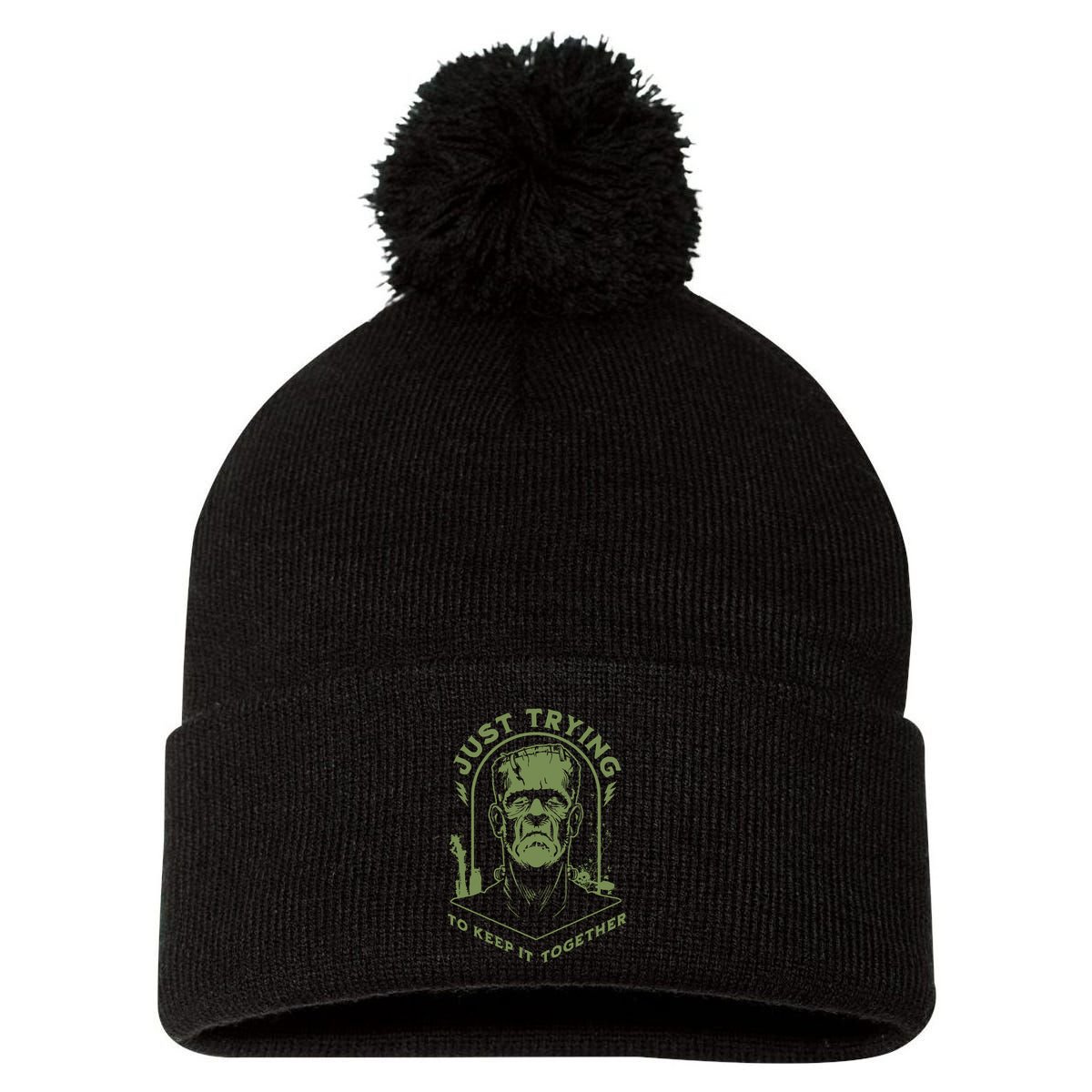Frankenste!in Just Trying To Keep It Together Halloween Pom Pom 12in Knit Beanie