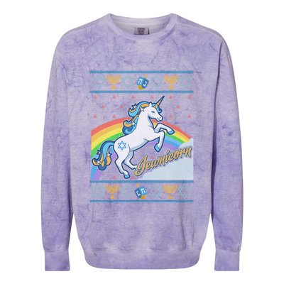 Funny Jewnicorn Unicorn Ugly Hanukkah Sweater Colorblast Crewneck Sweatshirt