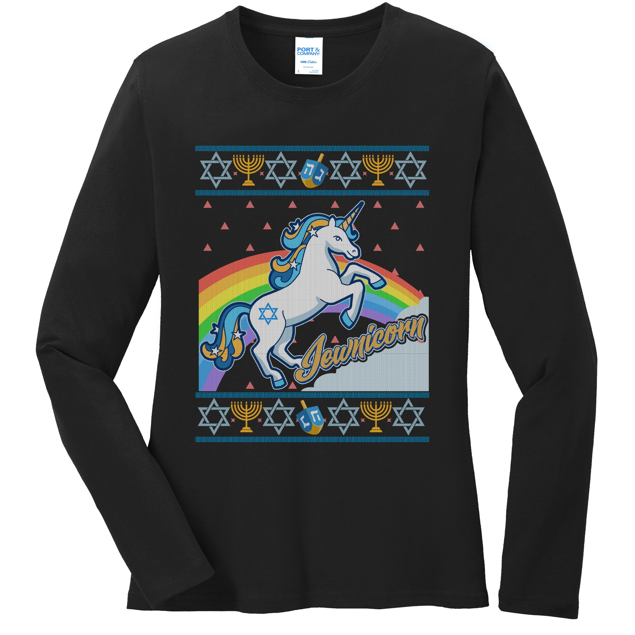 Funny Jewnicorn Unicorn Ugly Hanukkah Sweater Ladies Long Sleeve Shirt