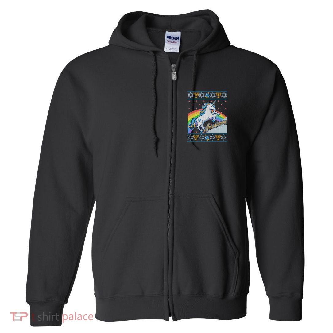 Funny Jewnicorn Unicorn Ugly Hanukkah Sweater Full Zip Hoodie