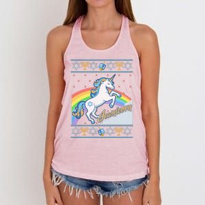 Funny Jewnicorn Unicorn Ugly Hanukkah Sweater Women's Knotted Racerback Tank