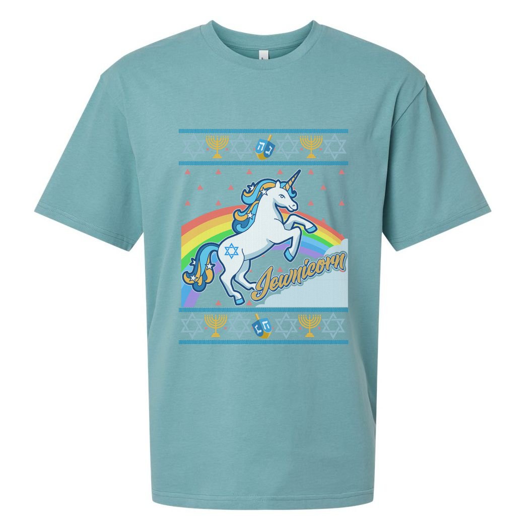 Funny Jewnicorn Unicorn Ugly Hanukkah Sweater Sueded Cloud Jersey T-Shirt
