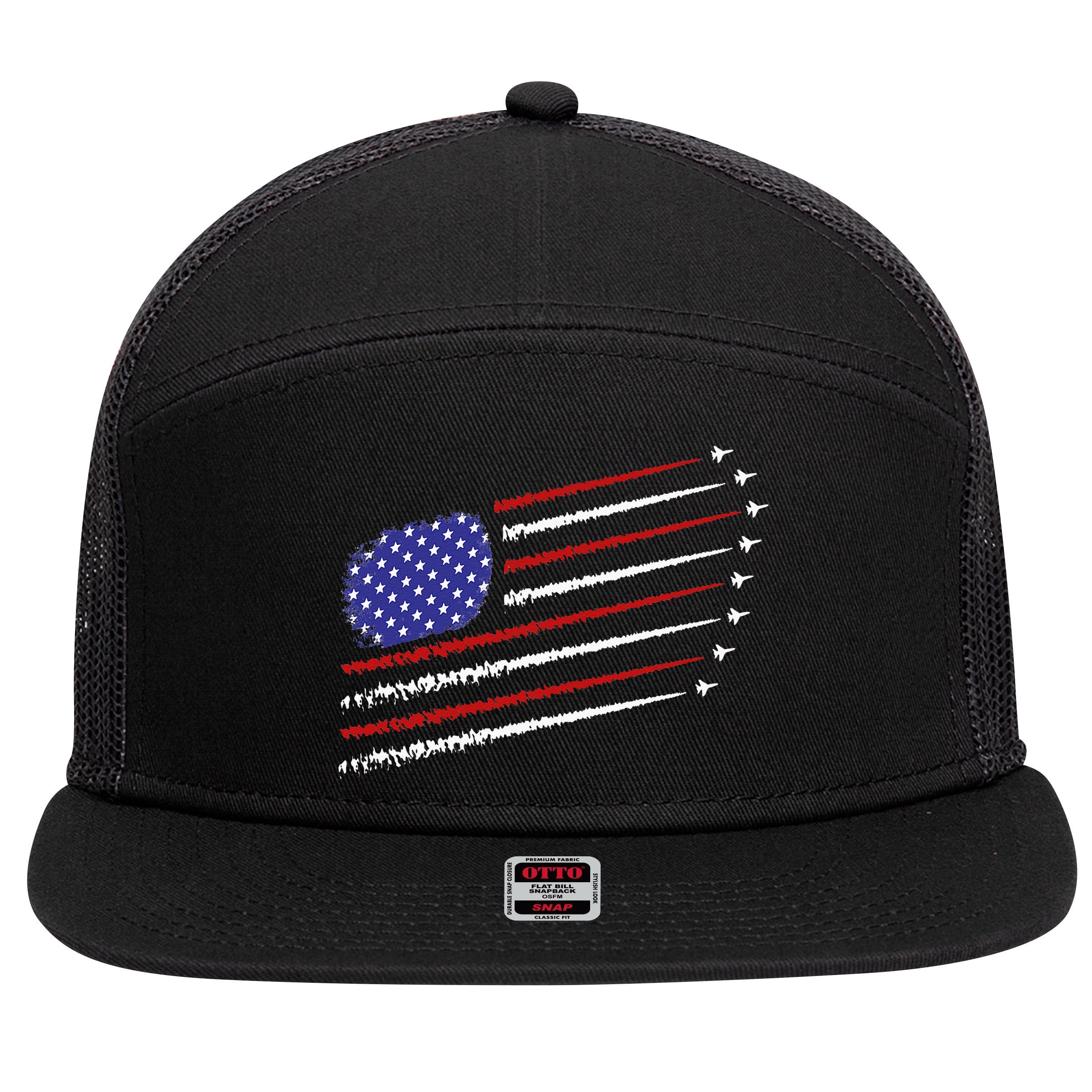 Fighter Jets With USA American Flag 4th Of July Celebration 7 Panel Mesh Trucker Snapback Hat