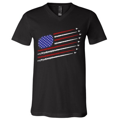Fighter Jets With USA American Flag 4th Of July Celebration V-Neck T-Shirt