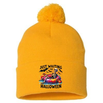 Funny Just Waiting For Halloween Skeleton Spooky Vibe Summer Pom Pom 12in Knit Beanie