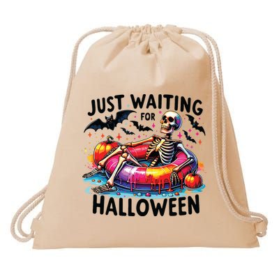 Funny Just Waiting For Halloween Skeleton Spooky Vibe Summer Drawstring Bag