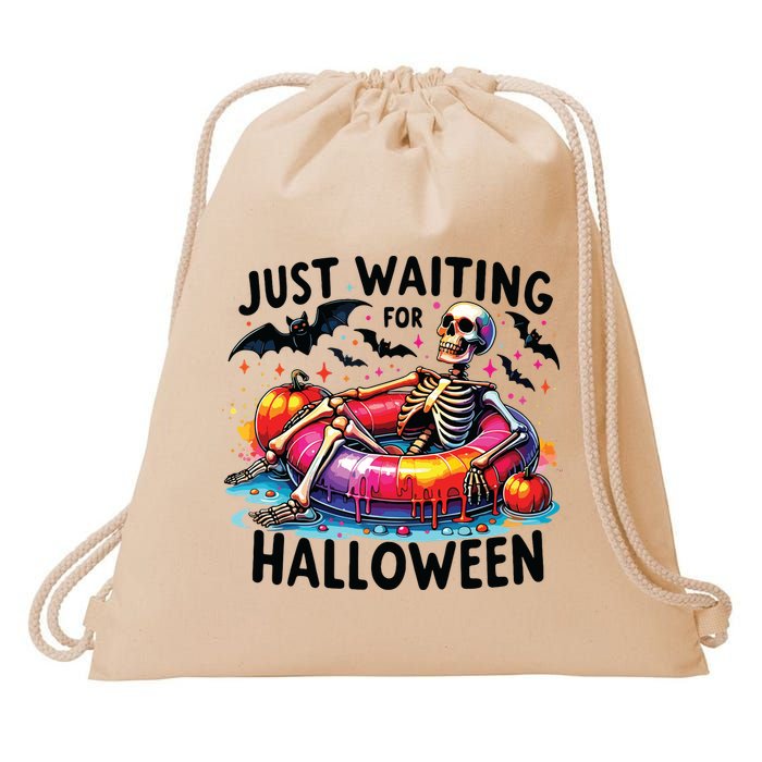 Funny Just Waiting For Halloween Skeleton Spooky Vibe Summer Drawstring Bag