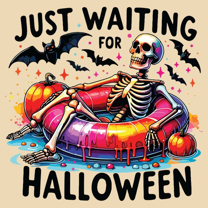 Funny Just Waiting For Halloween Skeleton Spooky Vibe Summer Drawstring Bag