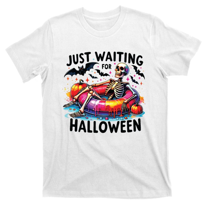 Funny Just Waiting For Halloween Skeleton Spooky Vibe Summer T-Shirt