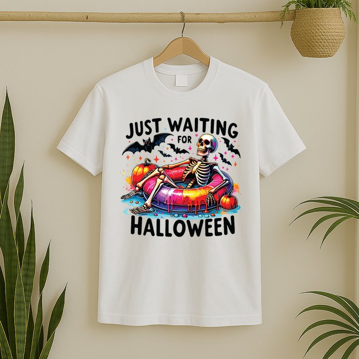 Funny Just Waiting For Halloween Skeleton Spooky Vibe Summer T-Shirt