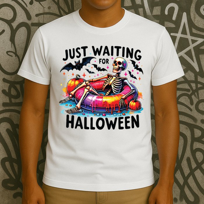 Funny Just Waiting For Halloween Skeleton Spooky Vibe Summer T-Shirt
