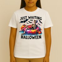 Funny Just Waiting For Halloween Skeleton Spooky Vibe Summer T-Shirt