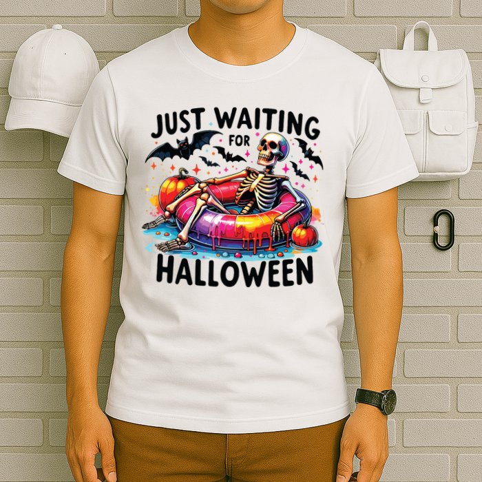 Funny Just Waiting For Halloween Skeleton Spooky Vibe Summer T-Shirt