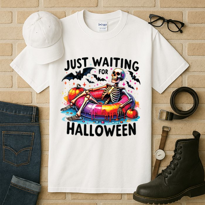 Funny Just Waiting For Halloween Skeleton Spooky Vibe Summer Tall T-Shirt