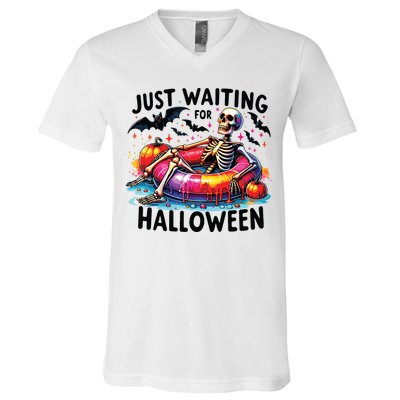 Funny Just Waiting For Halloween Skeleton Spooky Vibe Summer V-Neck T-Shirt