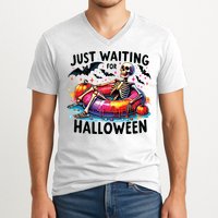 Funny Just Waiting For Halloween Skeleton Spooky Vibe Summer V-Neck T-Shirt