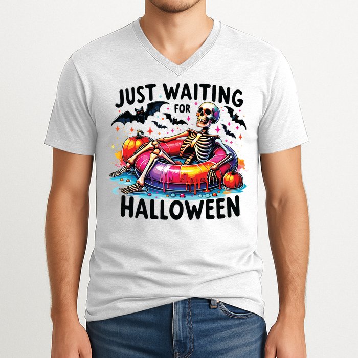 Funny Just Waiting For Halloween Skeleton Spooky Vibe Summer V-Neck T-Shirt