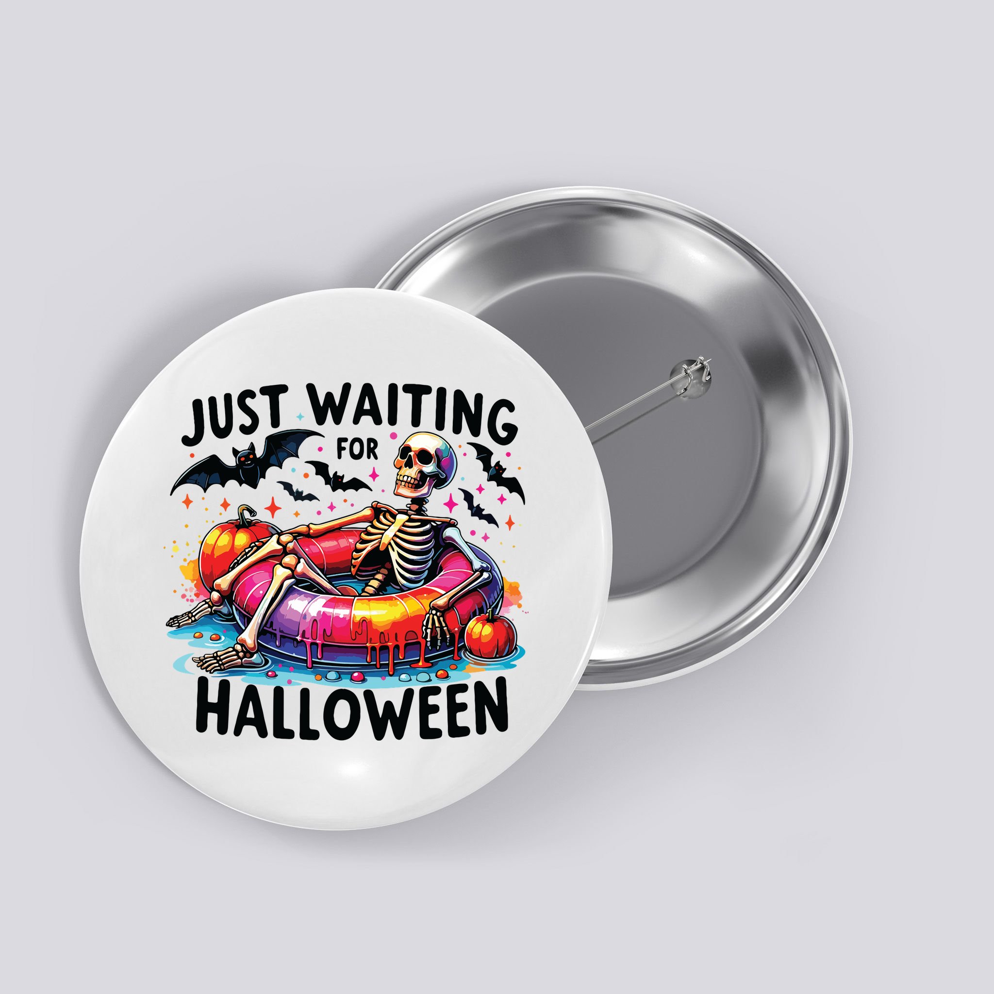 Funny Just Waiting For Halloween Skeleton Spooky Vibe Summer Button