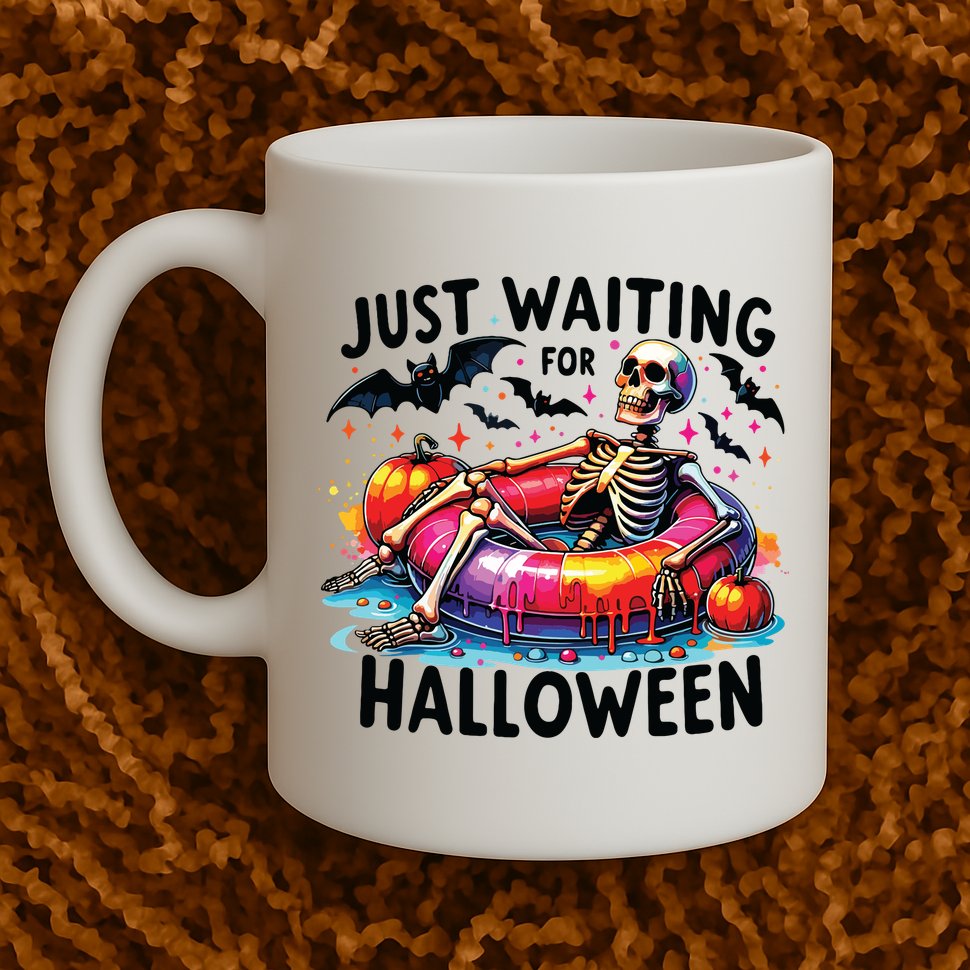 Funny Just Waiting For Halloween Skeleton Spooky Vibe Summer Mug
