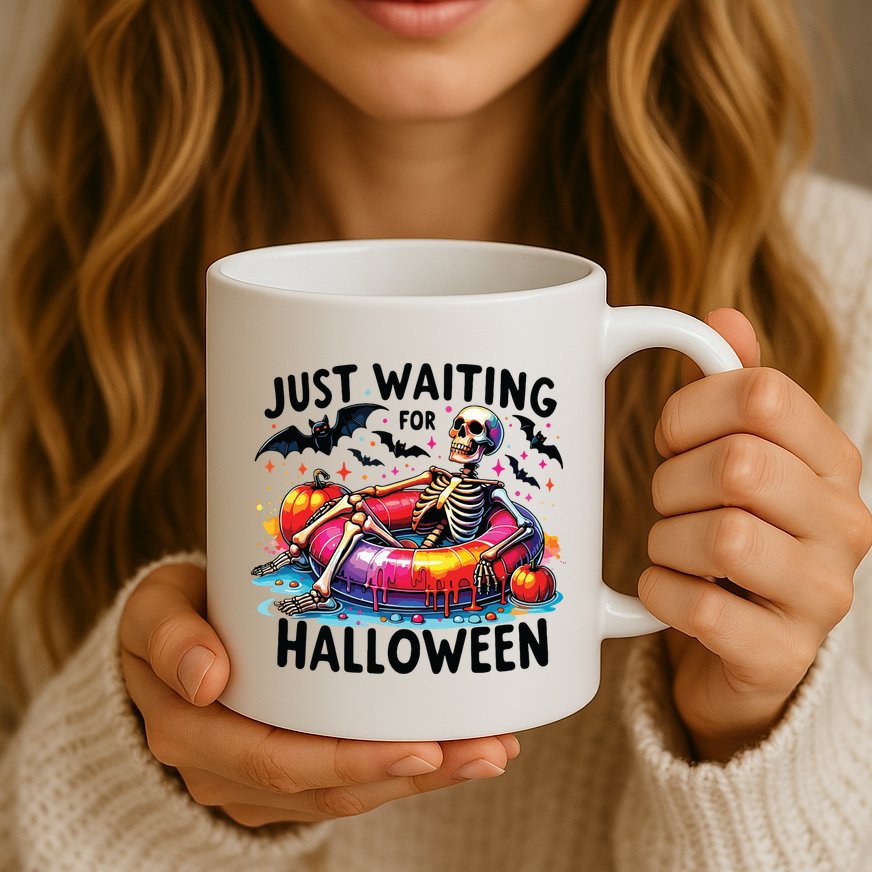 Funny Just Waiting For Halloween Skeleton Spooky Vibe Summer Mug