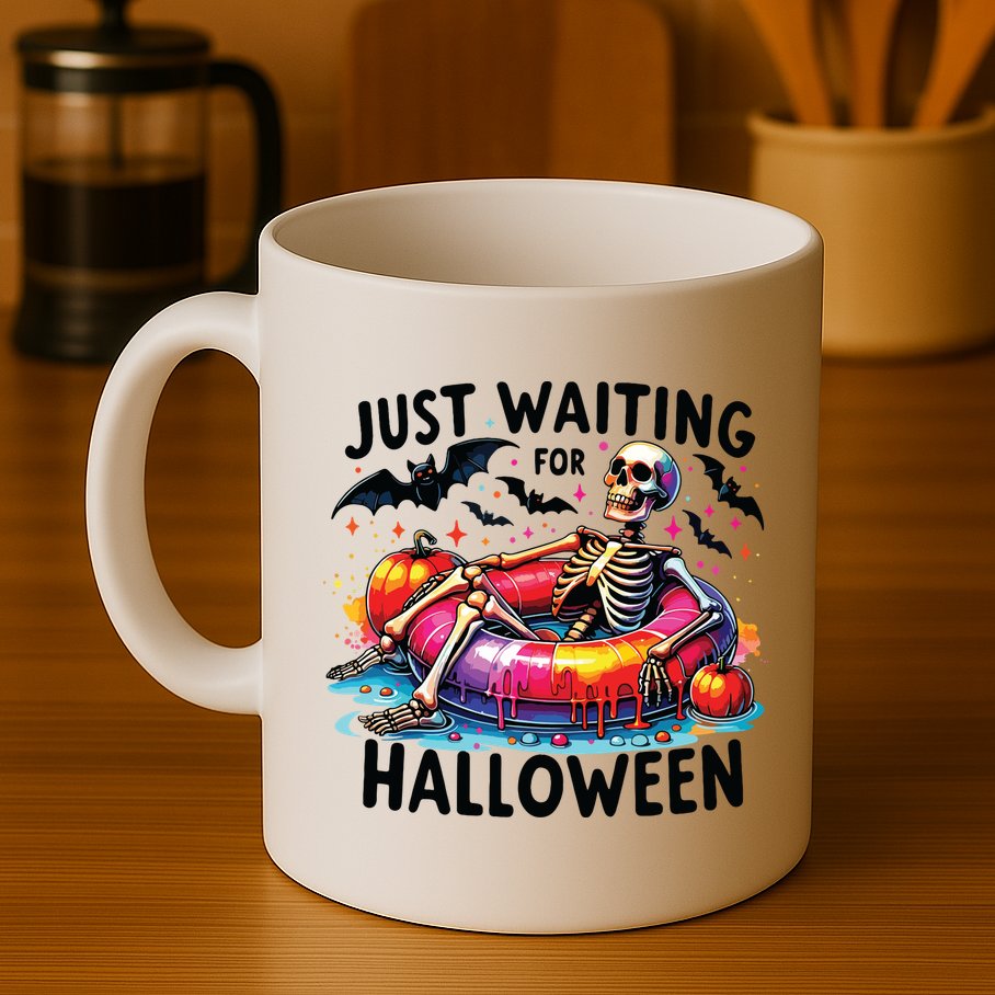 Funny Just Waiting For Halloween Skeleton Spooky Vibe Summer Mug