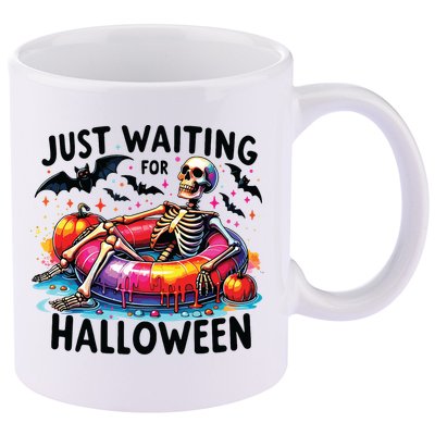 Funny Just Waiting For Halloween Skeleton Spooky Vibe Summer 11oz C Handle Ceramic Mug