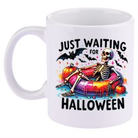 Funny Just Waiting For Halloween Skeleton Spooky Vibe Summer 11oz C Handle Ceramic Mug