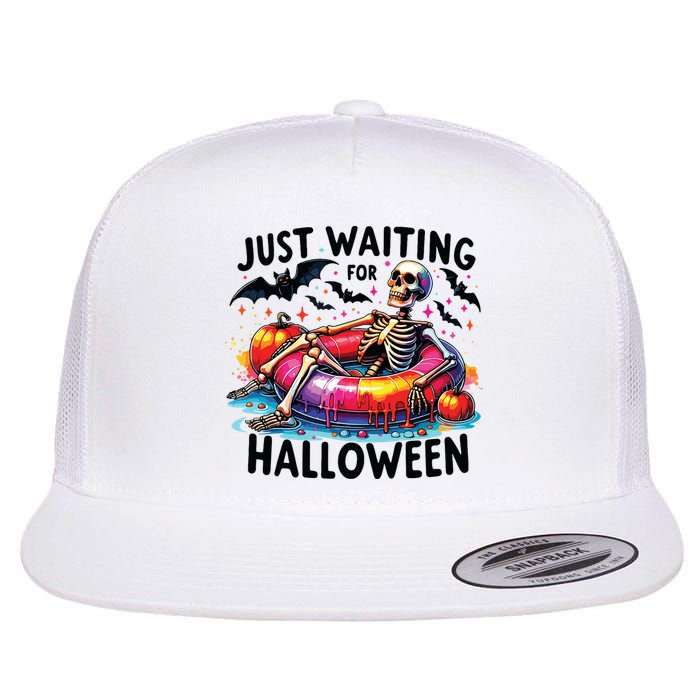 Funny Just Waiting For Halloween Skeleton Spooky Vibe Summer Flat Bill Trucker Hat