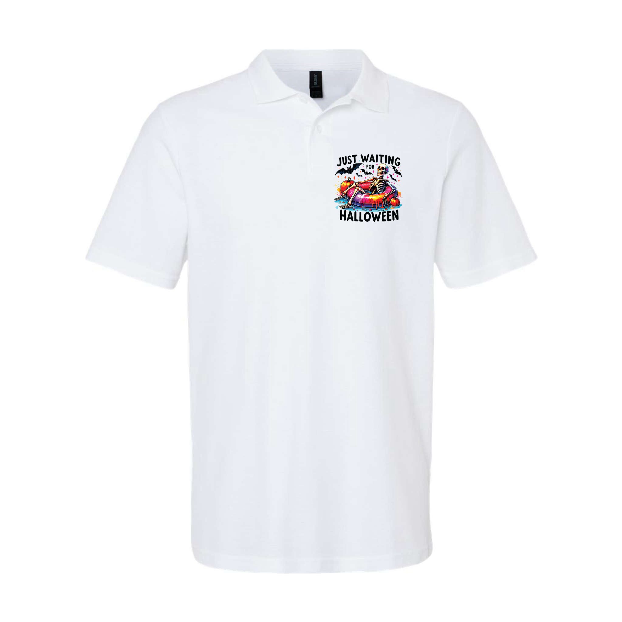 Funny Just Waiting For Halloween Skeleton Spooky Vibe Summer Polo