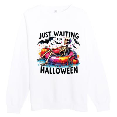 Funny Just Waiting For Halloween Skeleton Spooky Vibe Summer Premium Crewneck Sweatshirt