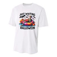 Funny Just Waiting For Halloween Skeleton Spooky Vibe Summer Youth Performance Sprint T-Shirt