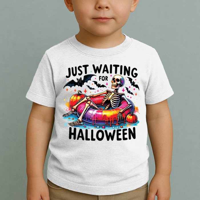 Funny Just Waiting For Halloween Skeleton Spooky Vibe Summer Toddler T-Shirt