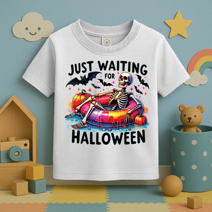 Funny Just Waiting For Halloween Skeleton Spooky Vibe Summer Toddler T-Shirt