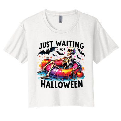 Funny Just Waiting For Halloween Skeleton Spooky Vibe Summer Crop Top