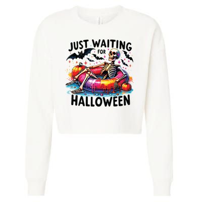Funny Just Waiting For Halloween Skeleton Spooky Vibe Summer Cropped Pullover Crew