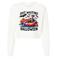 Funny Just Waiting For Halloween Skeleton Spooky Vibe Summer Cropped Pullover Crew
